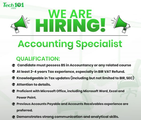 Jobtalk - Accounting Specialist vacancy in Caloocan! Hiring by Tech 101 Technologies Inc.