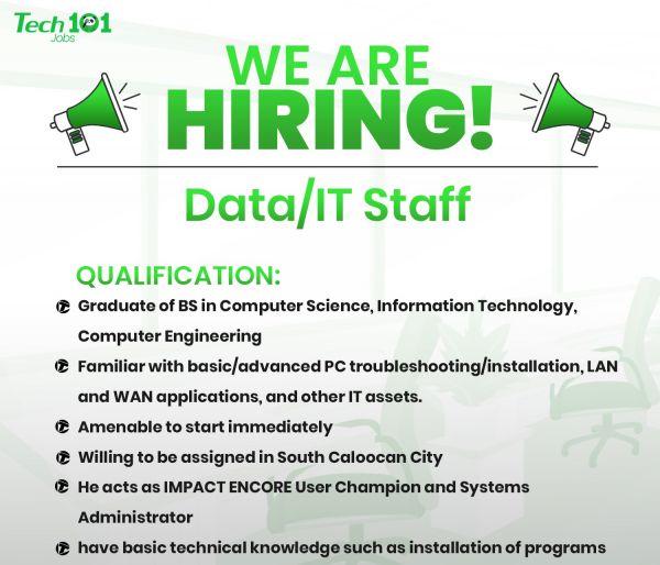 Jobtalk - IT Staff vacancy in Caloocan! Hiring by Tech 101 Technologies Inc.