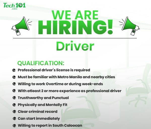 Jobtalk - Driver vacancy in Caloocan! Hiring by Tech 101 Technologies Inc.
