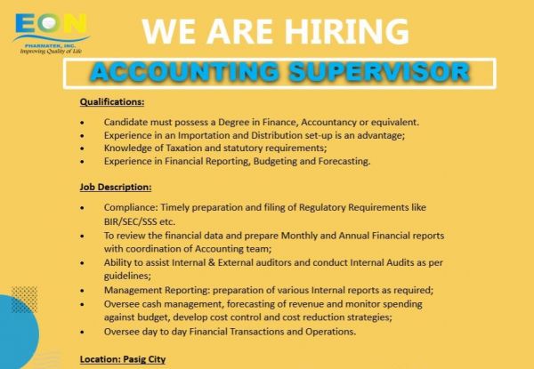 Jobtalk - Accounting Supervisor vacancy in Pasig! Hiring by Eon Pharmaceutical Inc