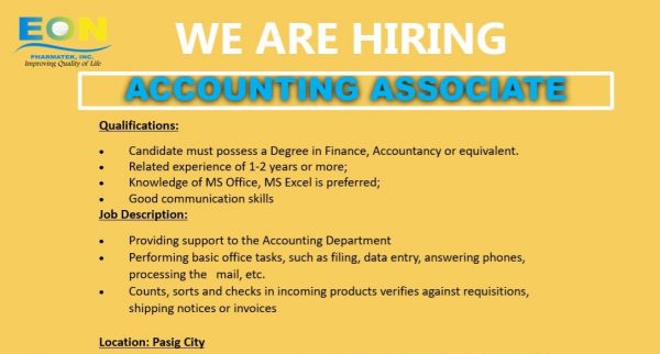 Jobtalk - Accounting Associate vacancy in Pasig! Hiring by Eon Pharmaceutical Inc