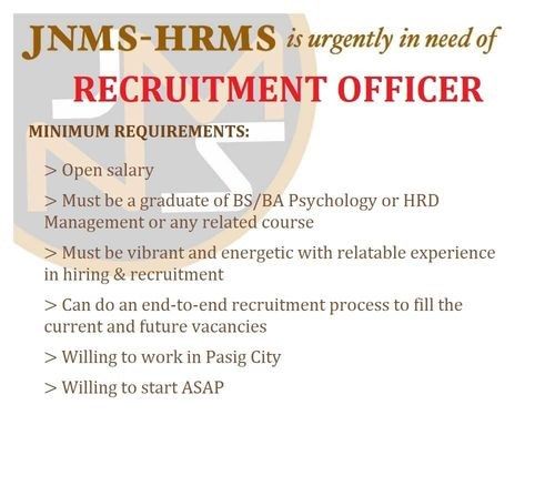 Jobtalk - Recruitment Officer vacancy in Pasig! Hiring by JNMS Human Resource Management Services
