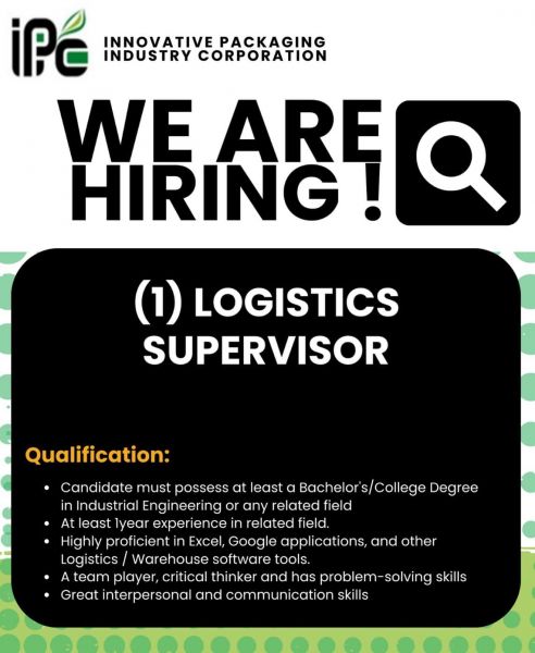 Jobtalk - Logistics Supervisor vacancy in Cagayan De Oro City! Hiring by innovative Packaging Industry Corporation