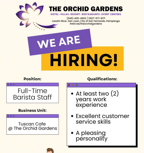 Jobtalk - Barista vacancy in San Fernando City! Hiring by The Orchid Gardens