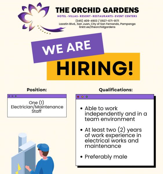 Jobtalk - Electrician vacancy in San Fernando City! Hiring by The Orchid Gardens