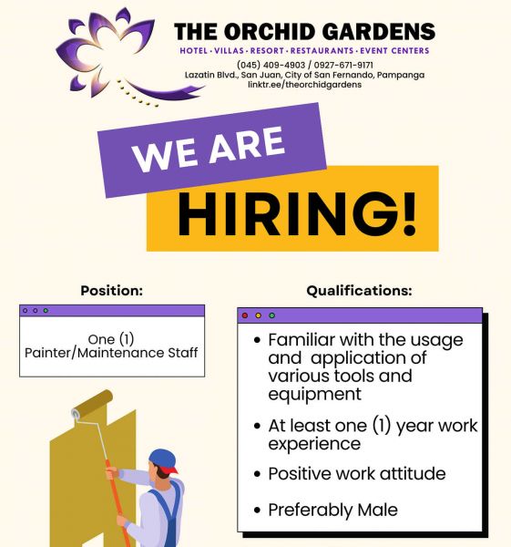 Jobtalk - Painter vacancy in San Fernando City! Hiring by The Orchid Gardens