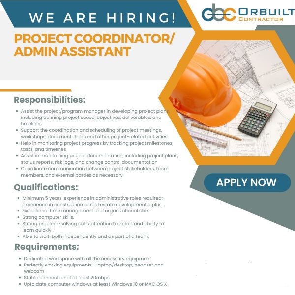 Jobtalk - Project Coordinator, Work from home (WFH)  for Orbuilt Contractor