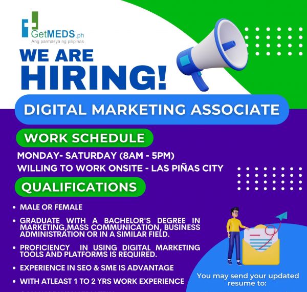 Jobtalk - Digital Marketing Associate vacancy in Las Piñas! Hiring by Getmeds Philippines Incorporated
