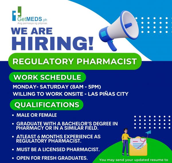 Jobtalk - Regulatory Pharmacist vacancy in Las Piñas! Hiring by Getmeds Philippines Incorporated