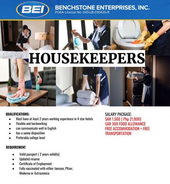 Jobtalk - Looking for Housekeeping bound for Saudi Arabia! Recruited and managed by Benchstone Enterprises, Inc.