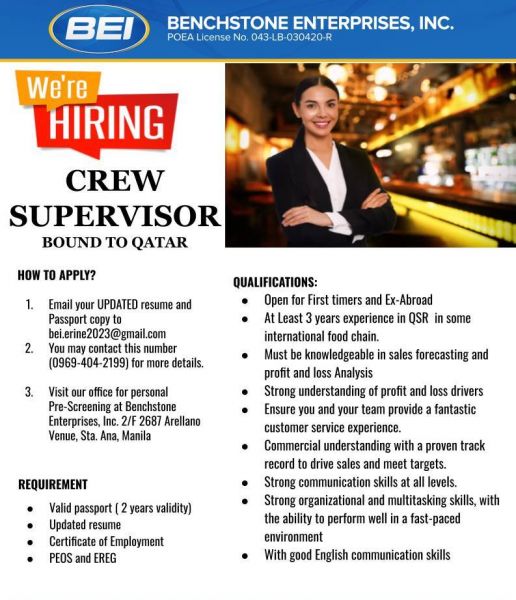 Jobtalk - Looking for Crew Supervisor bound for Qatar! Recruited and managed by Benchstone Enterprises, Inc.