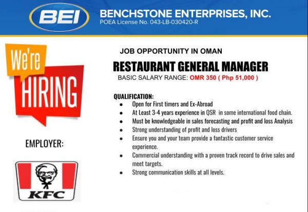 Jobtalk - Looking for Restaurant Manager bound for Oman! Recruited and managed by Benchstone Enterprises, Inc.