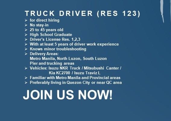 Jobtalk - Truck Driver vacancy in Quezon City! Hiring by Pedrollo Inc.