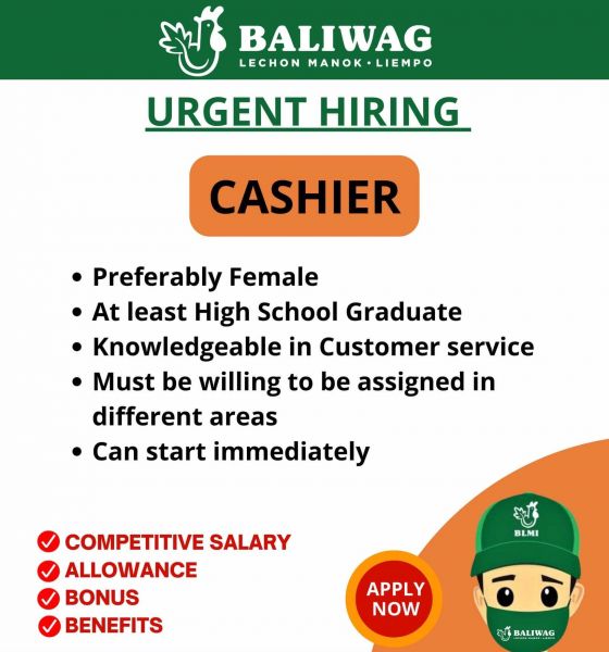 Jobtalk - Cashier vacancy in San Nicolas! Hiring by Baliwag Lechon Manok