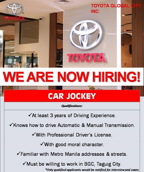 Jobtalk - Car Jockey vacancy in Bonifacio Global City! Hiring by Toyota Global City, Inc.