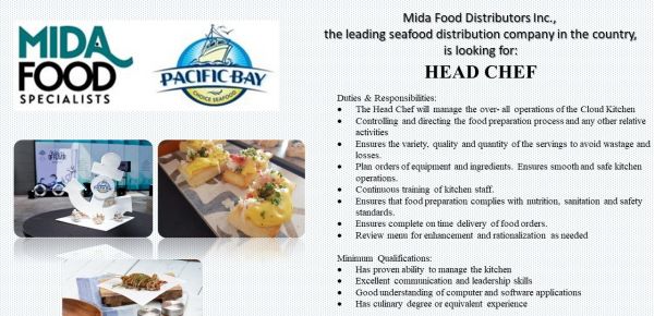 Jobtalk - Head Chef vacancy in Pasig! Hiring by Mida Food Distributors Inc.