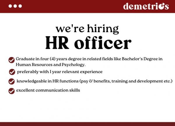 Jobtalk - HR Officer vacancy in Cagayan De Oro City! Hiring by Demetrio's Pizza