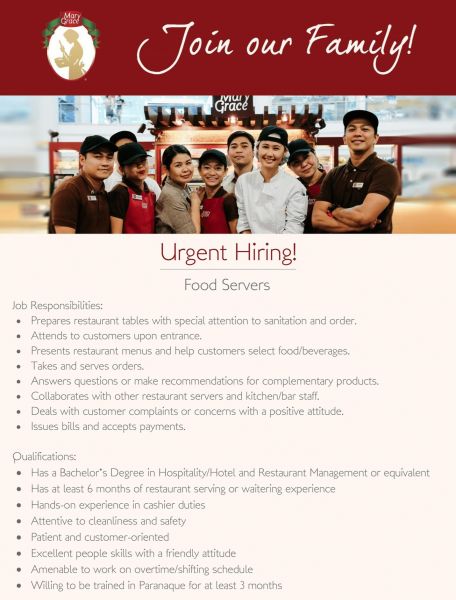 Jobtalk - Food Server vacancy in Antipolo City! Hiring by Mary Grace Foods, Inc.