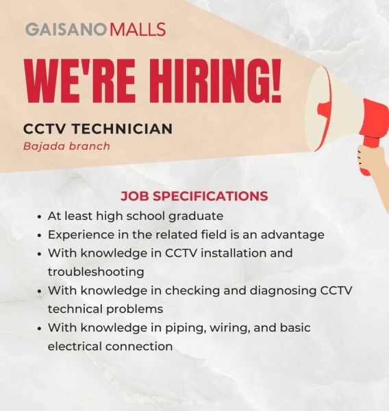 Jobtalk - CCTV Technician vacancy in Davao City! Hiring by Gaisano Malls