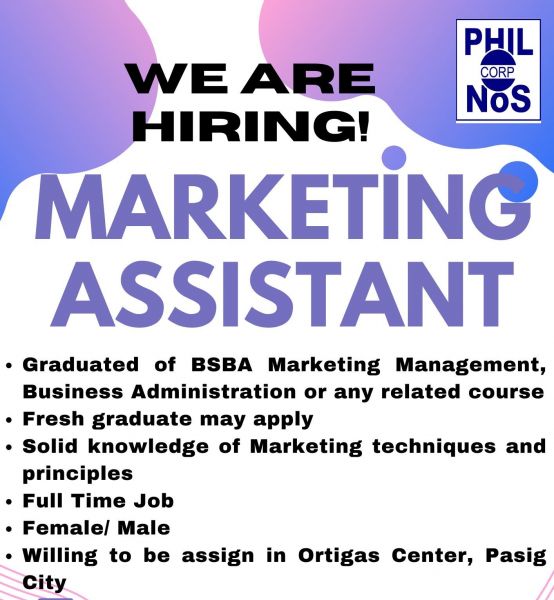 Jobtalk - Marketing Assistant vacancy in Pasig! Hiring by Philnos Corporation