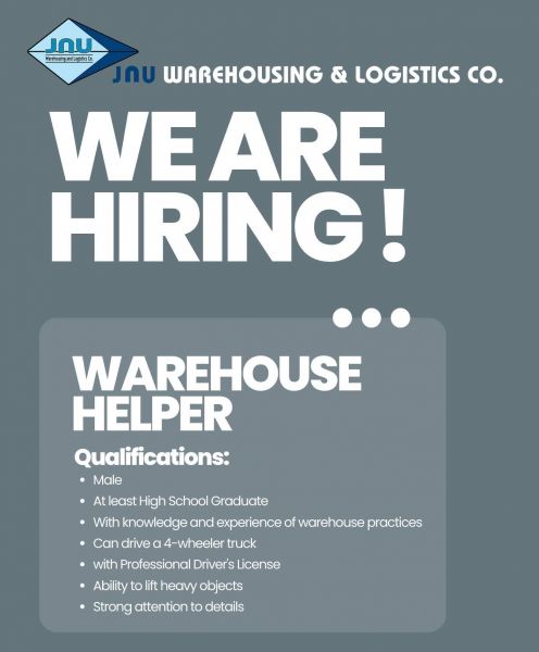 Jobtalk - Warehouse Helper vacancy in Pasig! Hiring by JNU Warehousing and Logistics Co.