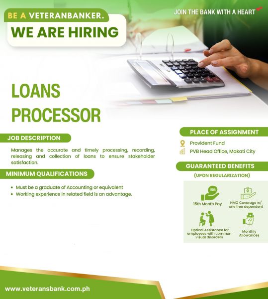 Jobtalk - Loan Processor vacancy in Makati! Hiring by Philippine Veterans Bank
