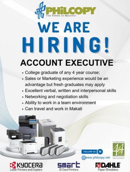 Jobtalk - Account Executive vacancy in Makati! Hiring by Philcopy Corporation