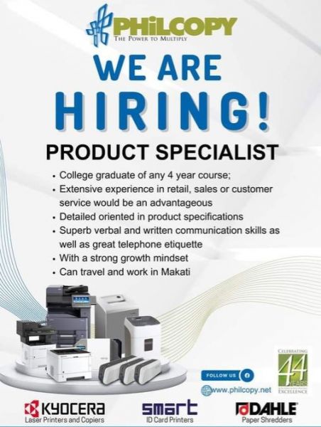 Jobtalk - Product Specialist vacancy in Makati! Hiring by Philcopy Corporation