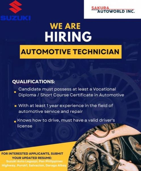 Jobtalk - Automotive Technician vacancy in Daraga! Hiring by Sakura Autoworld Inc.