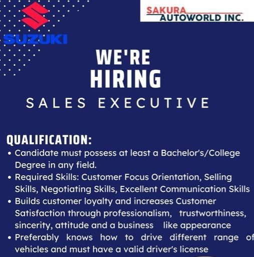 Jobtalk - Sales Executive vacancy in Surigao City! Hiring by Sakura Autoworld Inc.