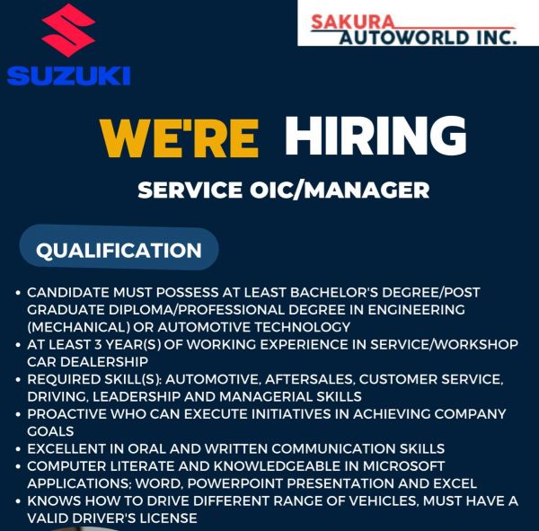 Jobtalk - Customer Service Manager vacancy in Naga City! Hiring by Sakura Autoworld Inc.