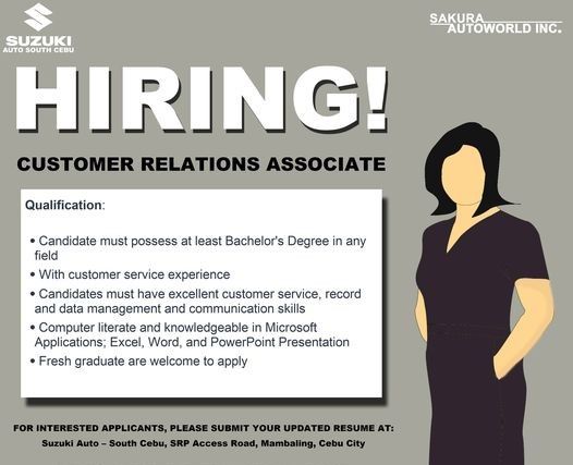 Jobtalk - Customer Relations Associate vacancy in Cebu City! Hiring by Sakura Autoworld Inc.