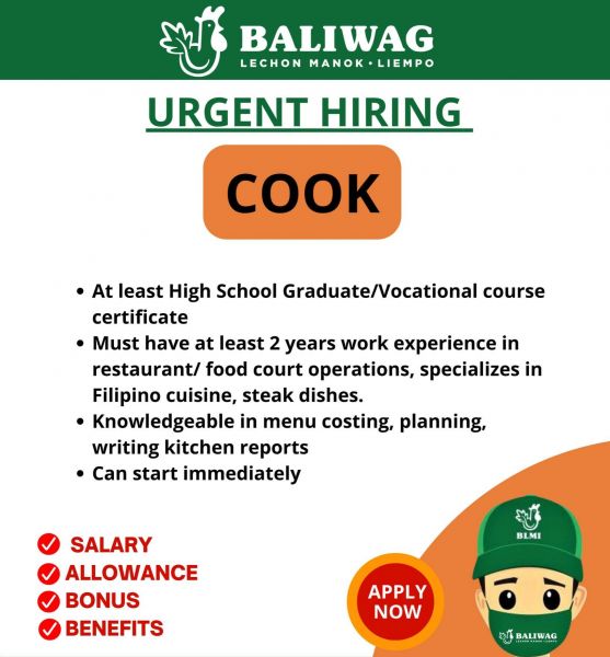 Jobtalk - Cook vacancy in Quezon City! Hiring by Baliwag Lechon Manok
