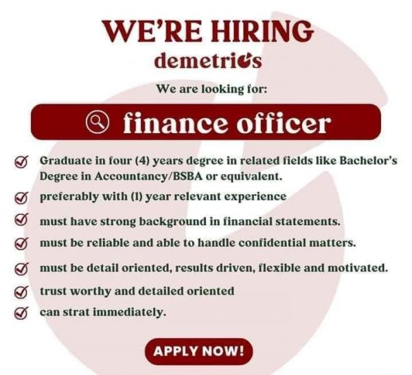 Jobtalk - Finance Officer vacancy in Cagayan De Oro City! Hiring by Demetrio's Pizza