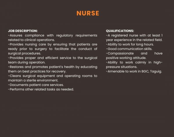 Jobtalk - Nurse vacancy in Bonifacio Global City! Hiring by Japan Eye Center, Inc.
