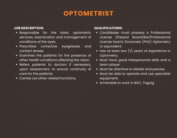 Jobtalk - Optometrist vacancy in Bonifacio Global City! Hiring by Japan Eye Center, Inc.