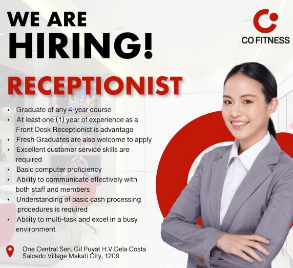 Jobtalk - Receptionist vacancy in Makati! Hiring by Co Fitness PH