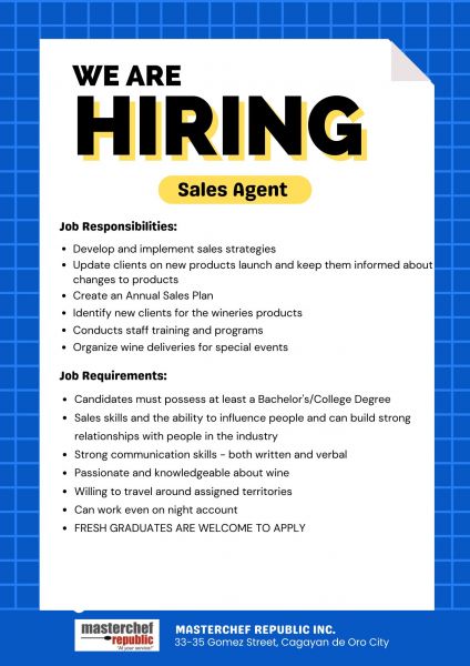 Jobtalk - Sales Agent vacancy in Cagayan De Oro City! Hiring by Masterchef Republic, Inc.