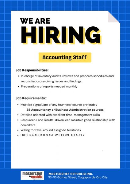 Jobtalk - Accounting Staff vacancy in Cagayan De Oro City! Hiring by Masterchef Republic, Inc.