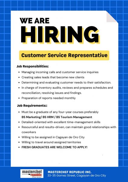 Jobtalk - Customer Service Representative vacancy in Cagayan De Oro City! Hiring by Masterchef Republic, Inc.