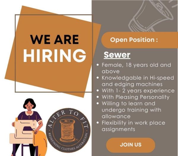 Jobtalk - Sewer vacancy in Mandaluyong! Hiring by Alter To Fit