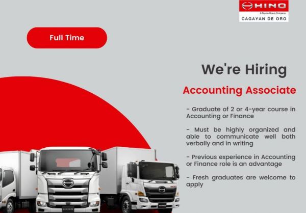Jobtalk - Accounting Associate vacancy in Cagayan De Oro City! Hiring by Hino Cagayan de Oro