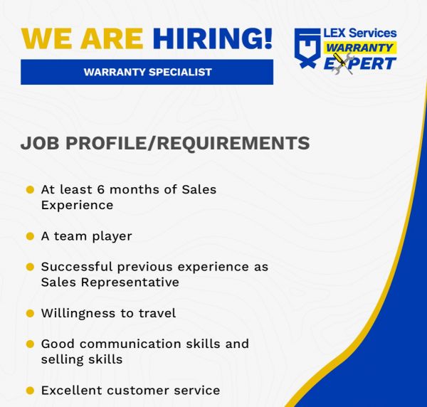 Jobtalk - Warranty Specialist vacancy in Cagayan De Oro City! Hiring by LEX Services Inc.