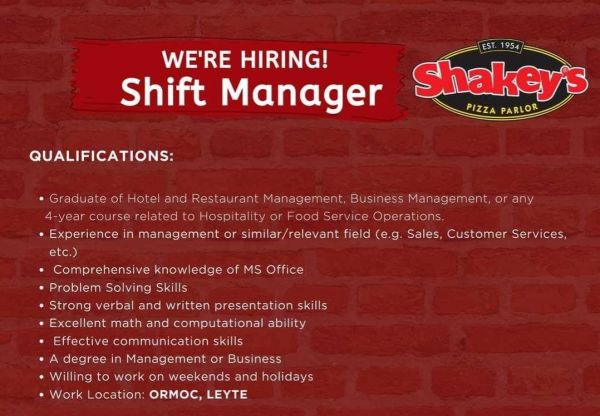 Jobtalk - Shift Manager vacancy in Ormoc City! Hiring by Shakey's