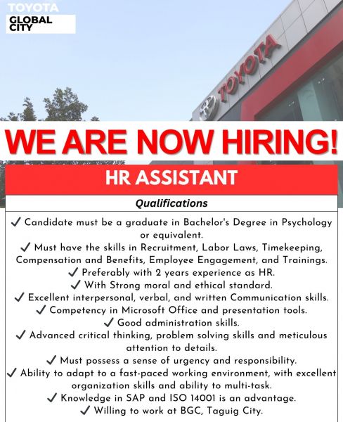Jobtalk - HR Assistant vacancy in Bonifacio Global City! Hiring by Toyota Global City, Inc.