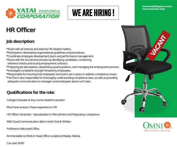 Jobtalk - HR Officer vacancy in Malate! Hiring by Yatai International Corp.