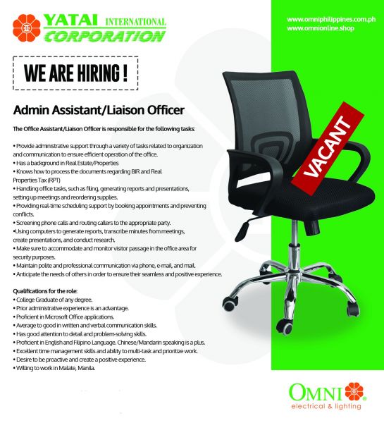 Jobtalk - Admin Assistant vacancy in Malate! Hiring by Yatai International Corp.