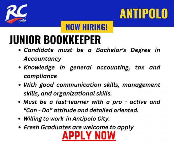 Jobtalk - Junior Bookkeeper vacancy in Antipolo City! Hiring by ARC Refreshments Corporation