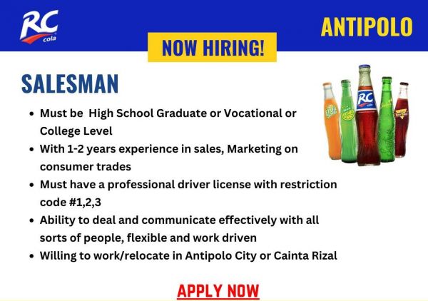 Jobtalk - Salesman vacancy in Antipolo City! Hiring by ARC Refreshments Corporation