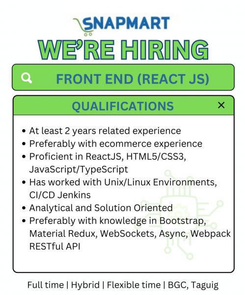 Jobtalk - Snapmart, Inc. looking for React Developer, Hybrid setup,  in Bonifacio Global City